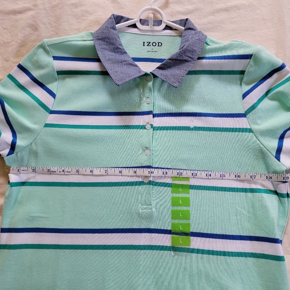 IZOD POLO Aqua Blue and White striped with denim collar Woman's Large - Picture 1 of 3